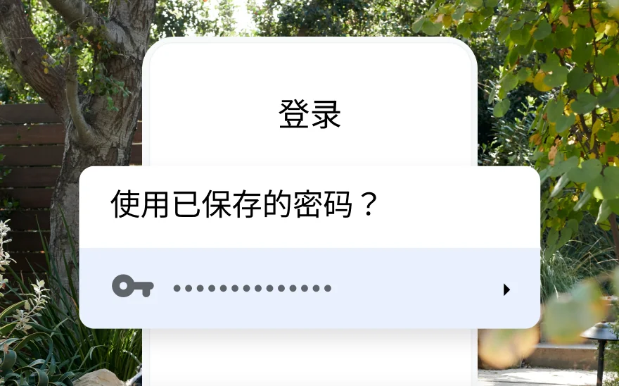 一某行程预订网站的登录页面上，一个提示框悄然出现，询问是否使用已保存的密码，而整个页面的背景是令人心旷神怡的自然风景
。