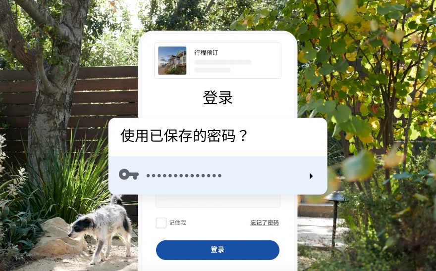 一某行程预订网站的登录页面上，一个提示框悄然出现，询问是否使用已保存的密码，而整个页面的背景是令人心旷神怡的自然风景
。